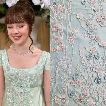 bridgerton lace fabric in mint color with 3D Flowerts and beautiful embroidery