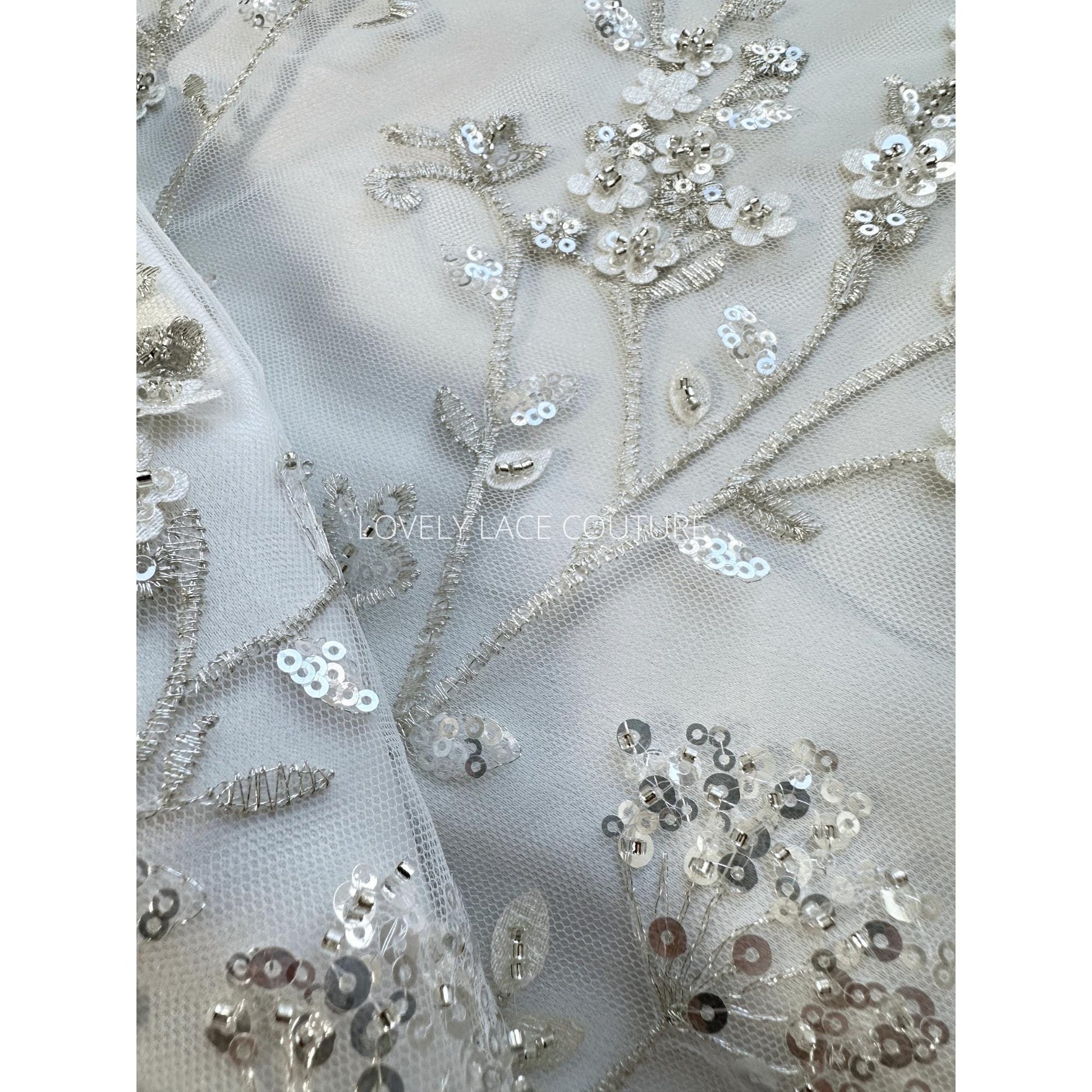 Flower bridal lace fabric with beads and sequins, wedding dress lace, bridgerton dress lace, edwina's dress lace LL-1168, start at 0,5m