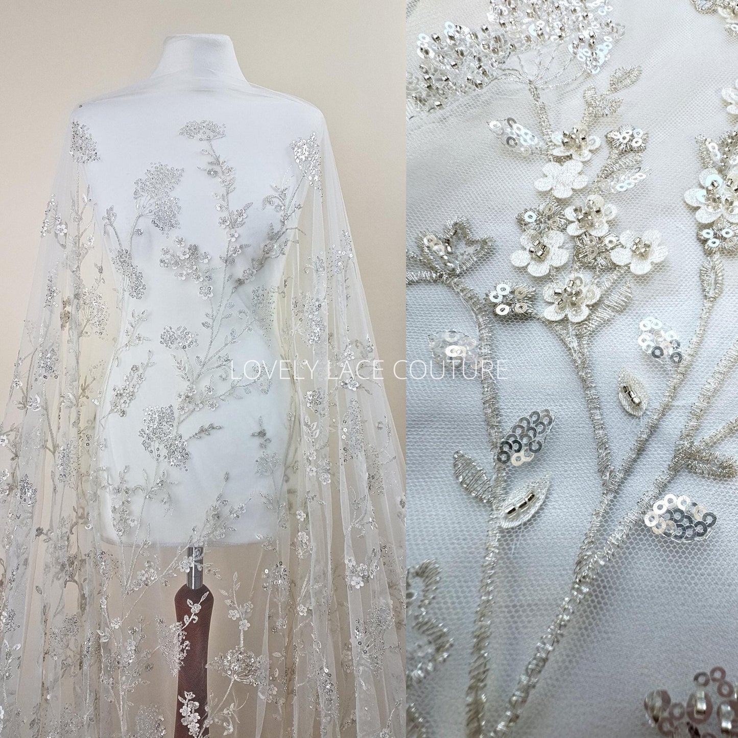 Flower bridal lace fabric with beads and sequins, wedding dress lace, bridgerton dress lace, edwina's dress lace LL-1168, start at 0,5m