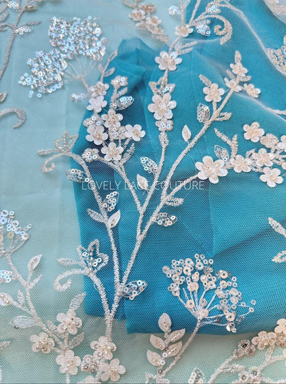 flower lace fabric in icegold and off-white color with 3d flowers for bridal dresses and wedding gowns