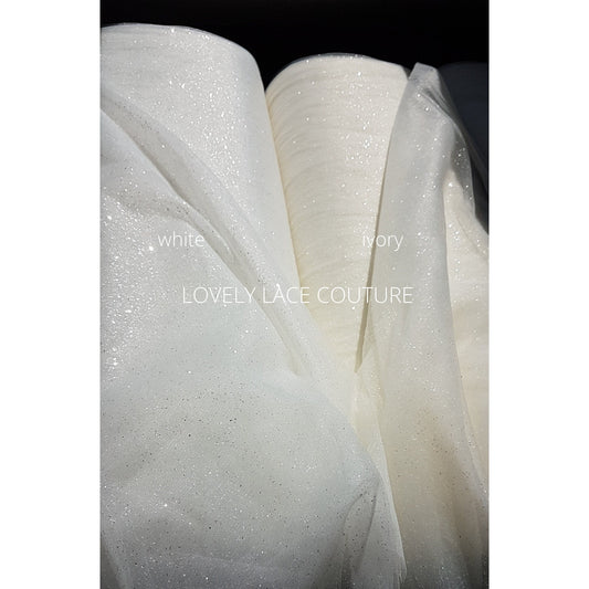 glitter tulle fabric for bridal veils and wedding dresses in off-white and ivory color