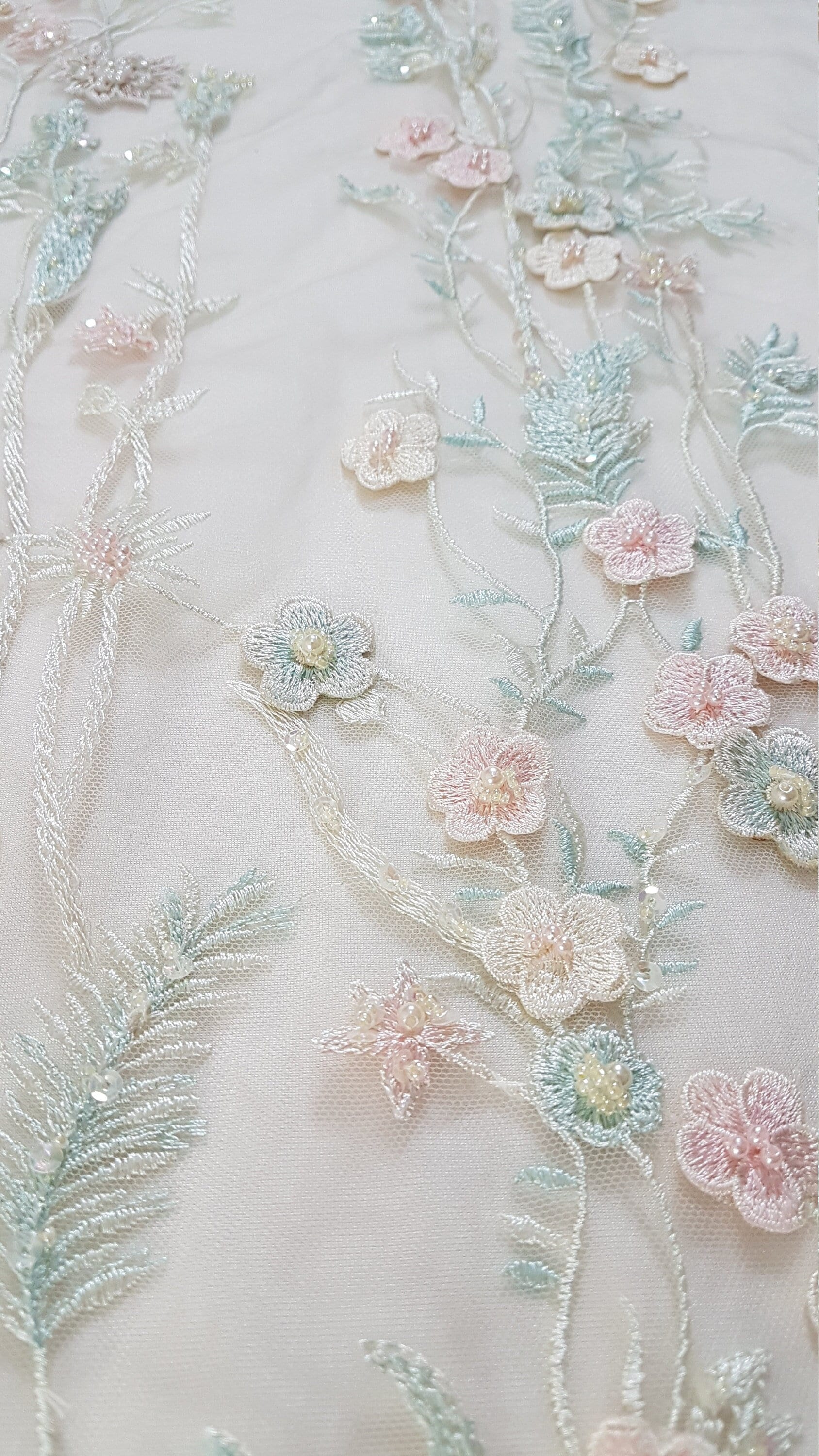 3d flower lace fabic, multicolor lace fabric with beads, pearls and transparent sequins. embroidered lace