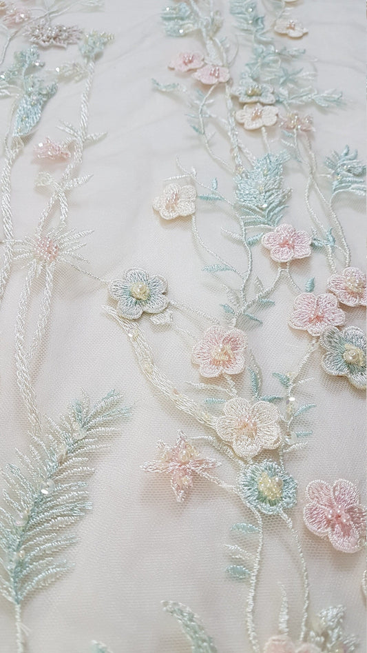 3d flower lace fabic, multicolor lace fabric with beads, pearls and transparent sequins. embroidered lace