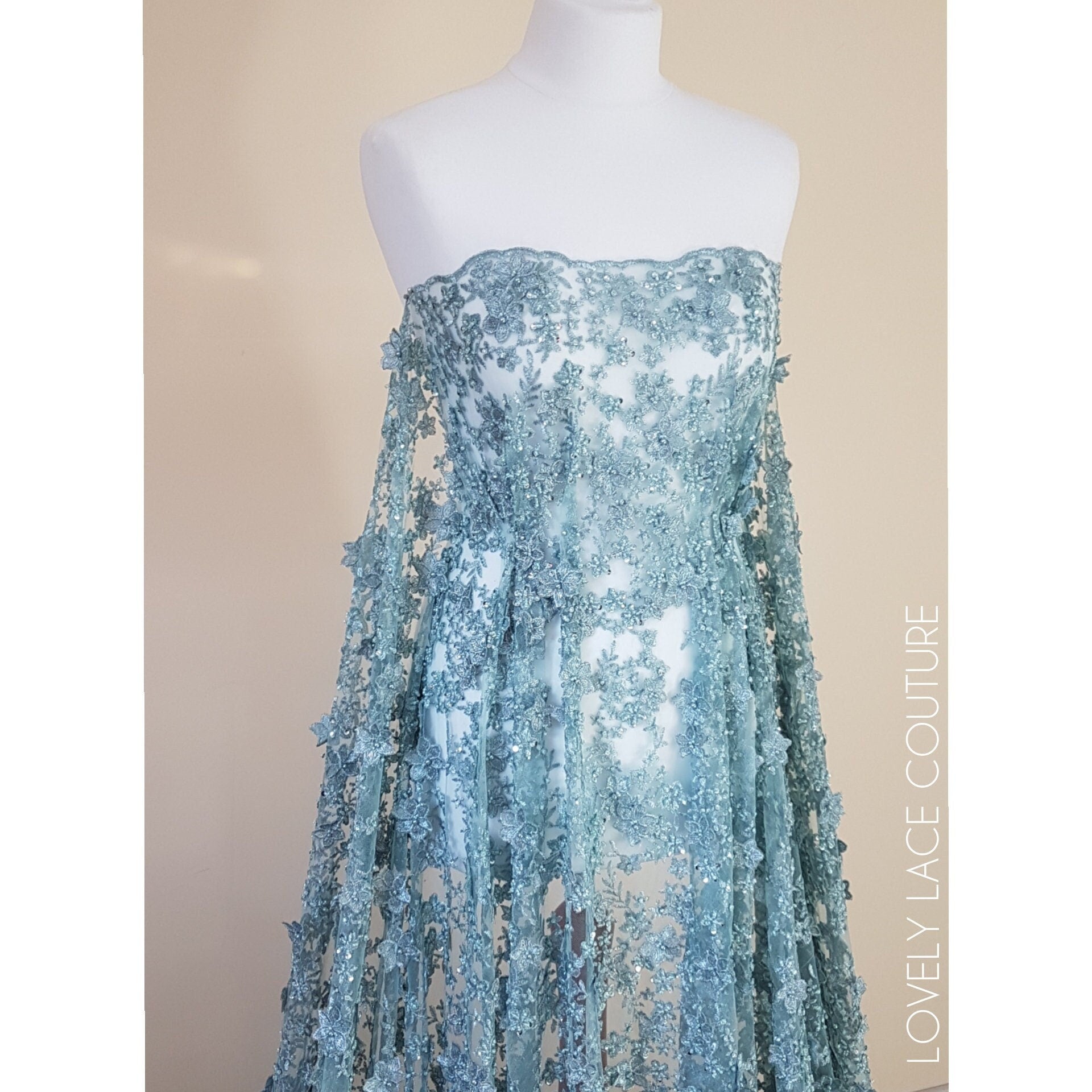 3d lace fabric in blue color