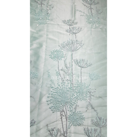 lace fabric with dandelion pattern in mint color