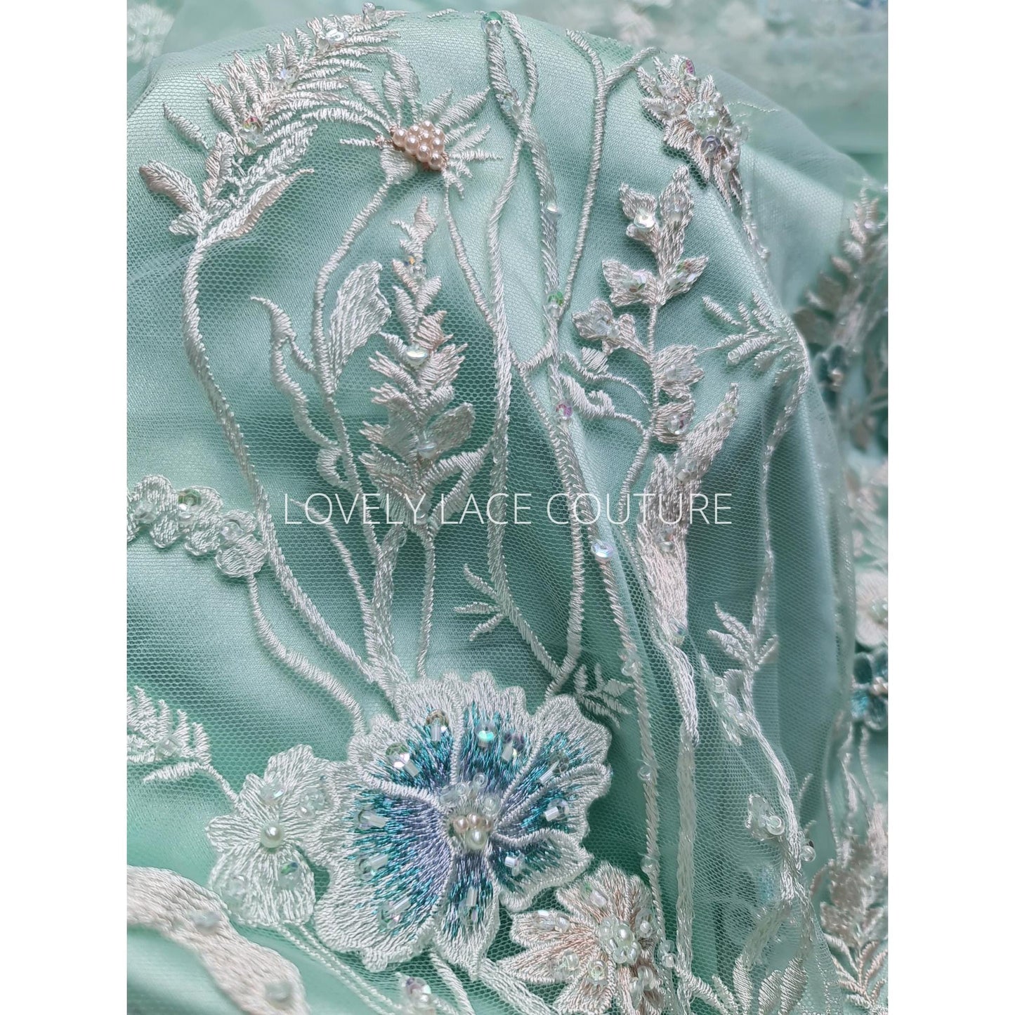 Gorgeous 3D Flower lace fabric in mint color, bridgerton dress lace, eloise's dress lace, start at 0,5m