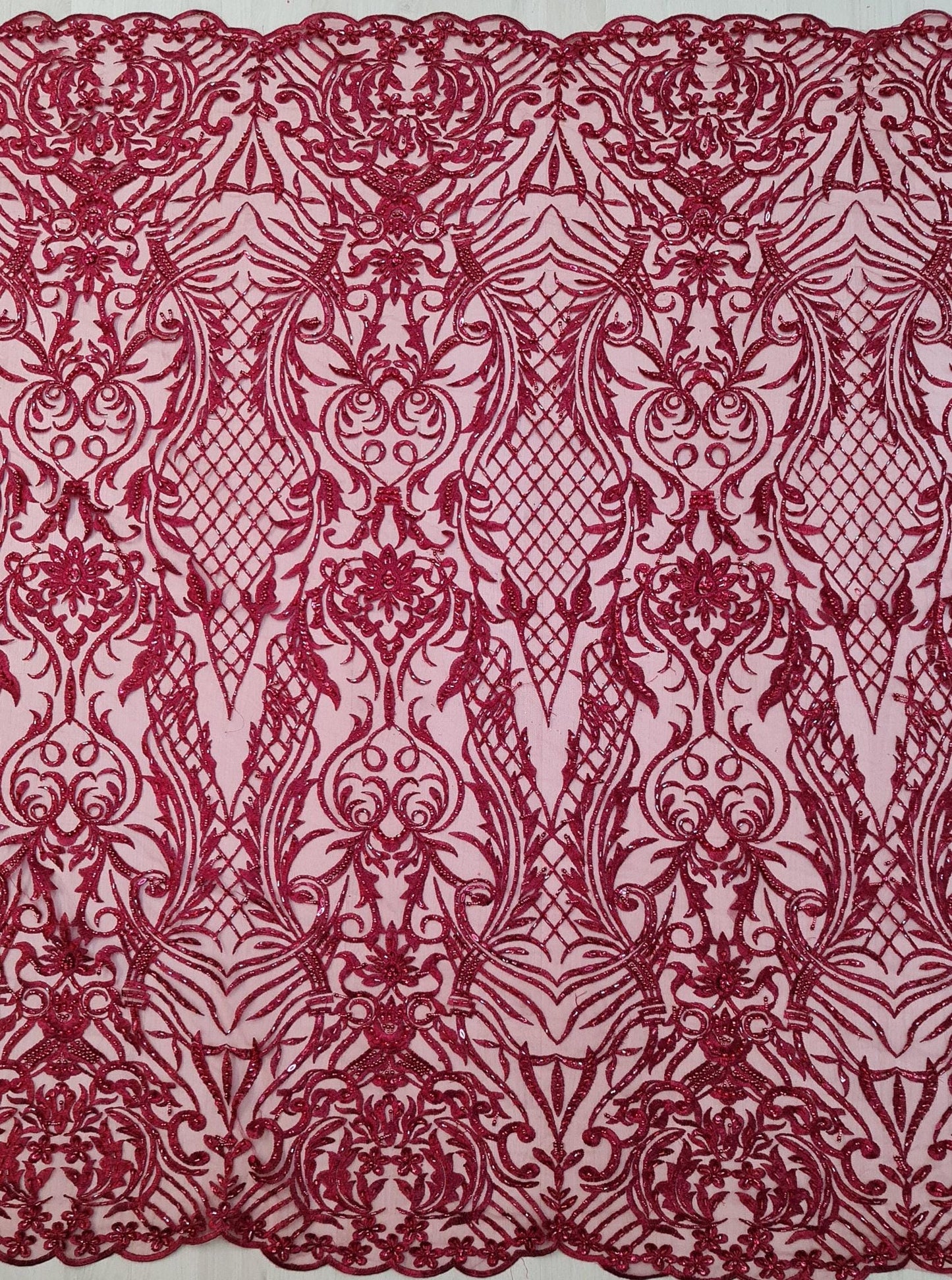 LL-1485, beaded bridal lace fabric with abstract ornamental flower design in dark red color