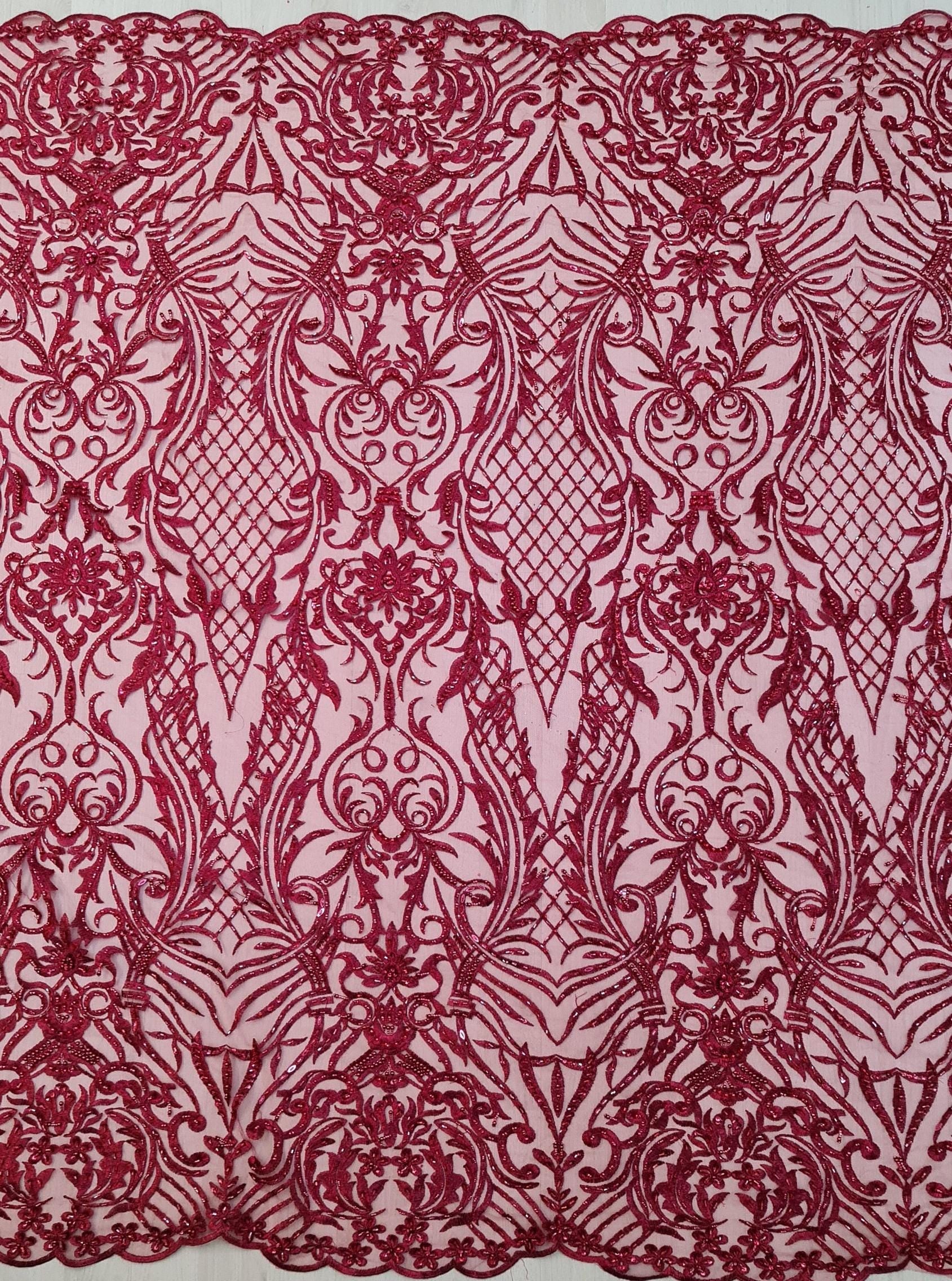 LL-1485, beaded bridal lace fabric with abstract ornamental flower design in dark red color