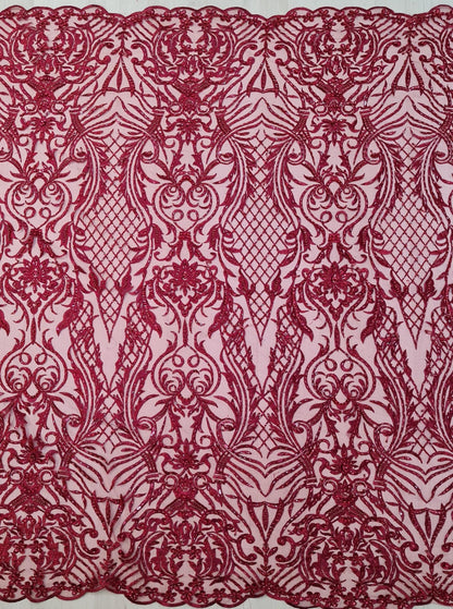 LL-1485, beaded bridal lace fabric with abstract ornamental flower design in dark red color