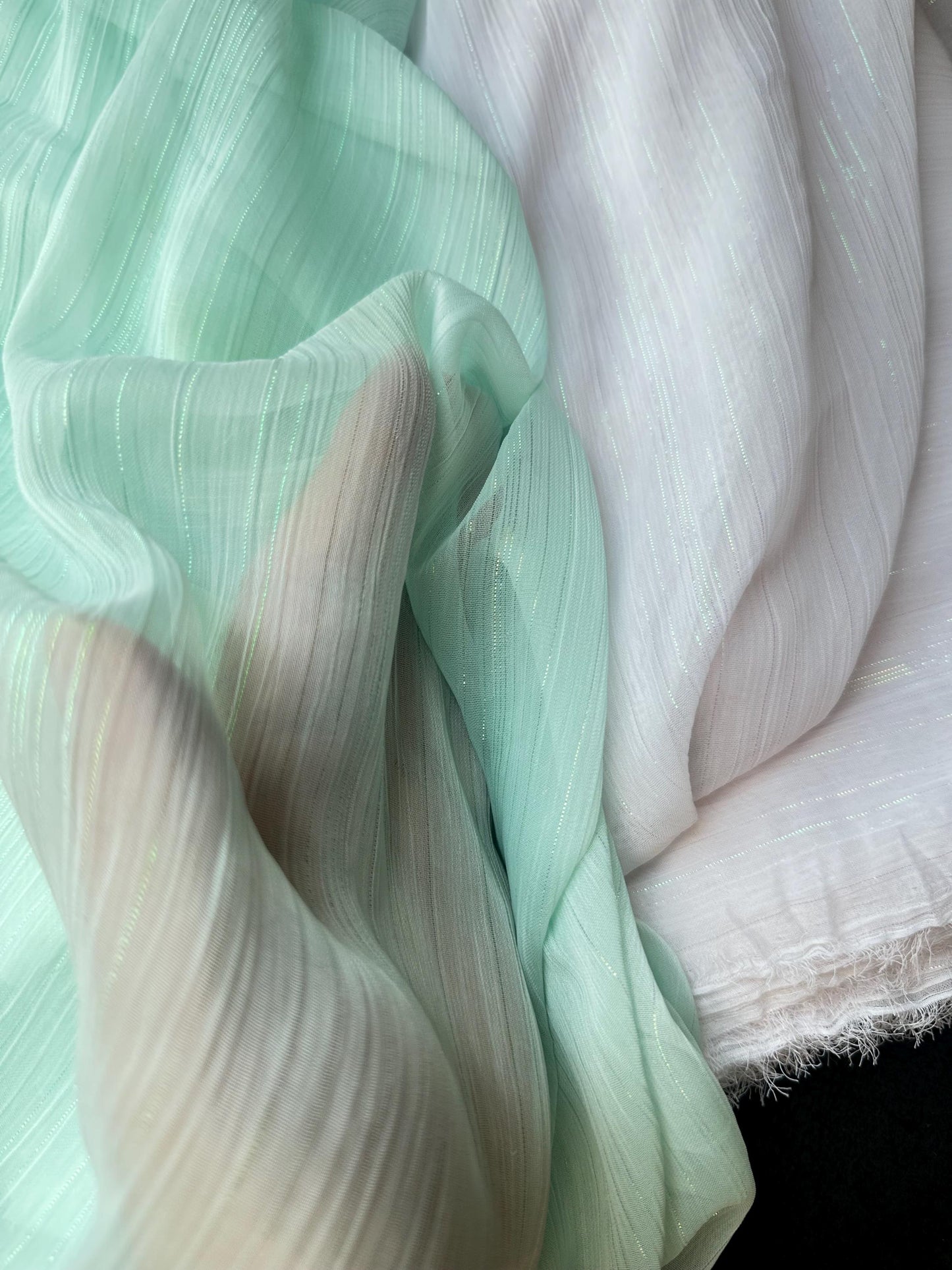 chiffon fabric in white LL-1172 or mint LL-1169, sparkling metal stripes, high and soft quality fabric for beach bridal dresses, bridal wear