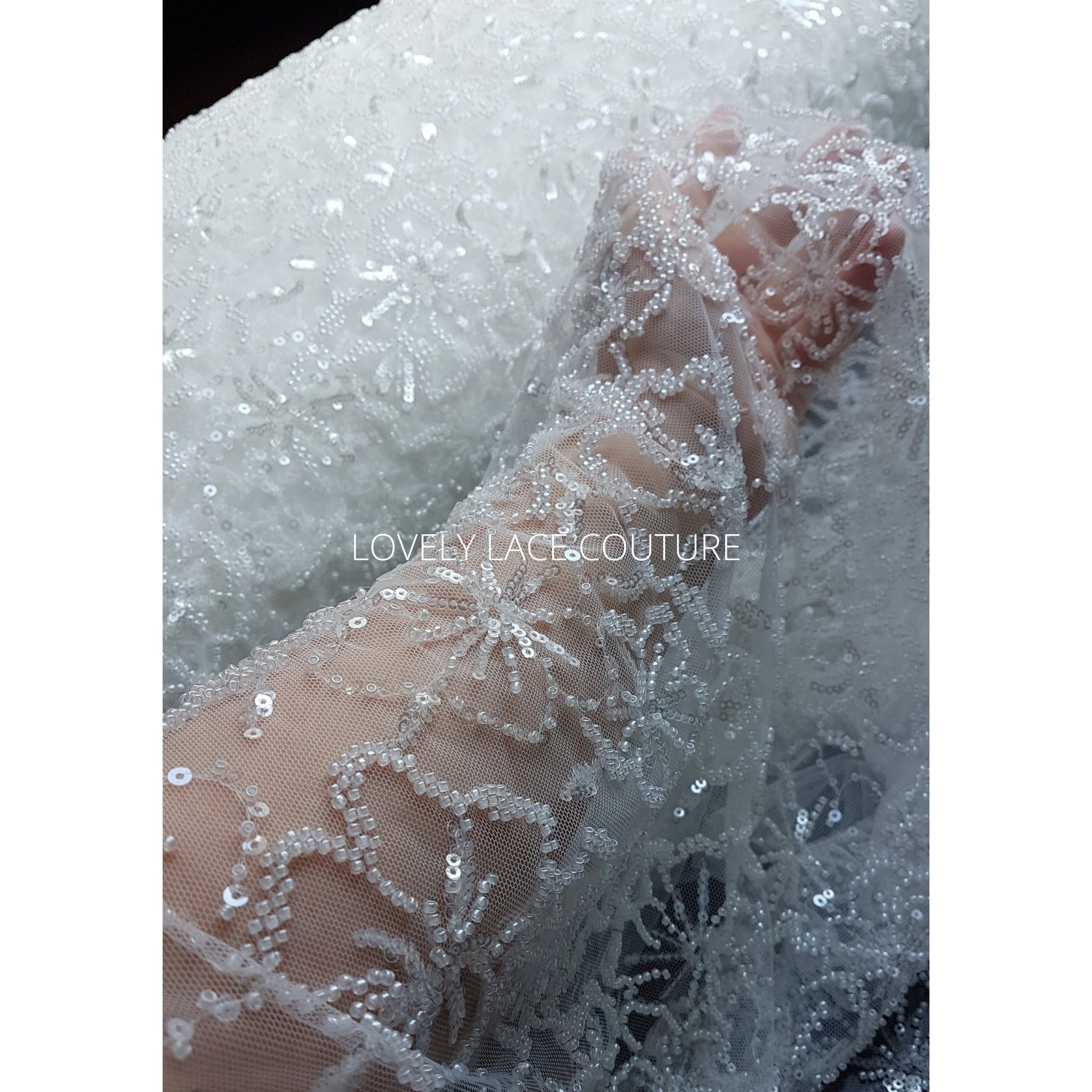 floral pattern lace fabric with beads and transparent sequins