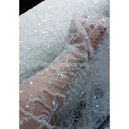 floral pattern lace fabric with beads and transparent sequins