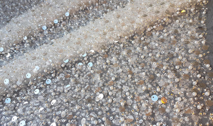 beaded lace fabric with big transparent sequins in off-white color