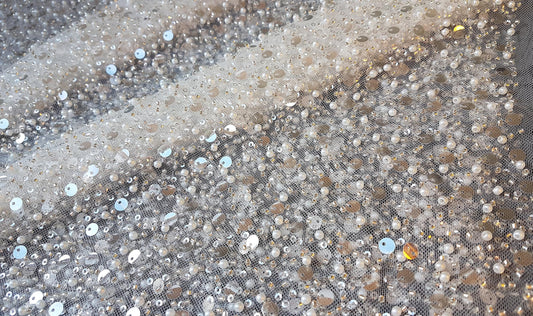 beaded lace fabric with big transparent sequins in off-white color