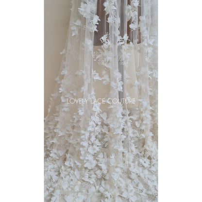 3d flower blossom lace fabric in off-white and ivory
