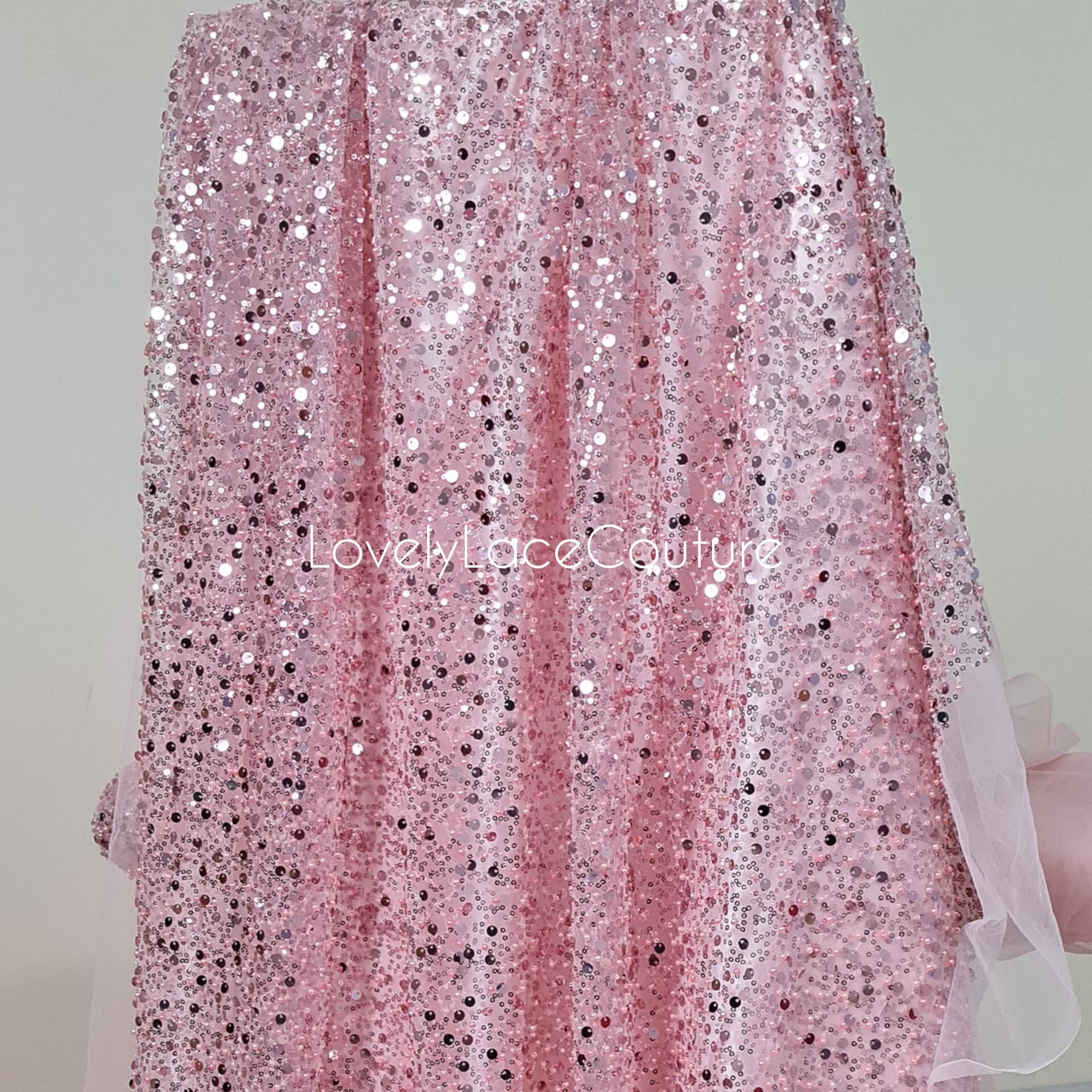 pink beaded lace fabric with big sequins