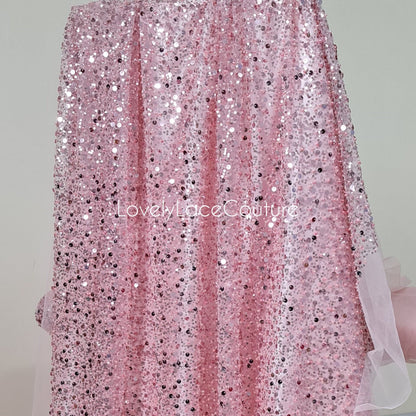pink beaded lace fabric with big sequins