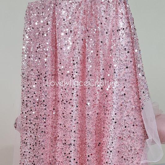 pink beaded lace fabric with big sequins