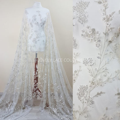 lace fabric with 3d flowers, beads and transparent sequins in ivory, icegold color for wedding dresses, historical costumes, cosplay, children dresses