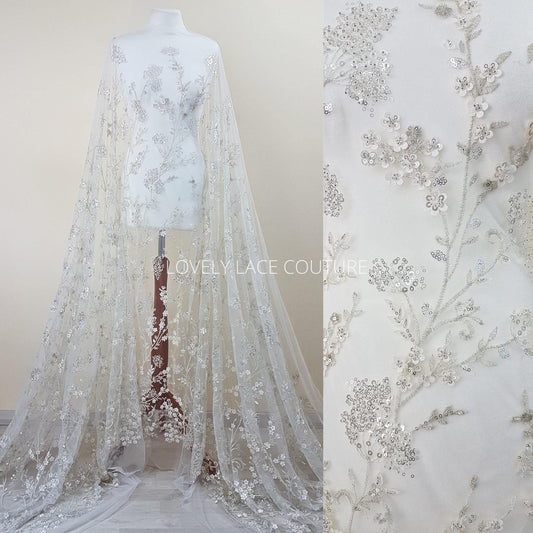 lace fabric with 3d flowers, beads and transparent sequins in ivory, icegold color for wedding dresses, historical costumes, cosplay, children dresses