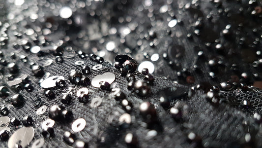 black lace fabric with beads and big sequins