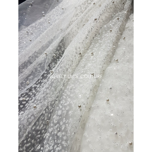 glitter tulle fabric with beads in off-white color