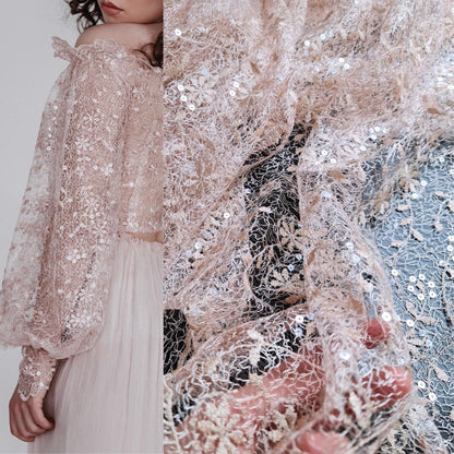 LL-1567, delicate lace fabric with allover abstract flower design in roségold color, soft lace tulle fabric with transparent sequins