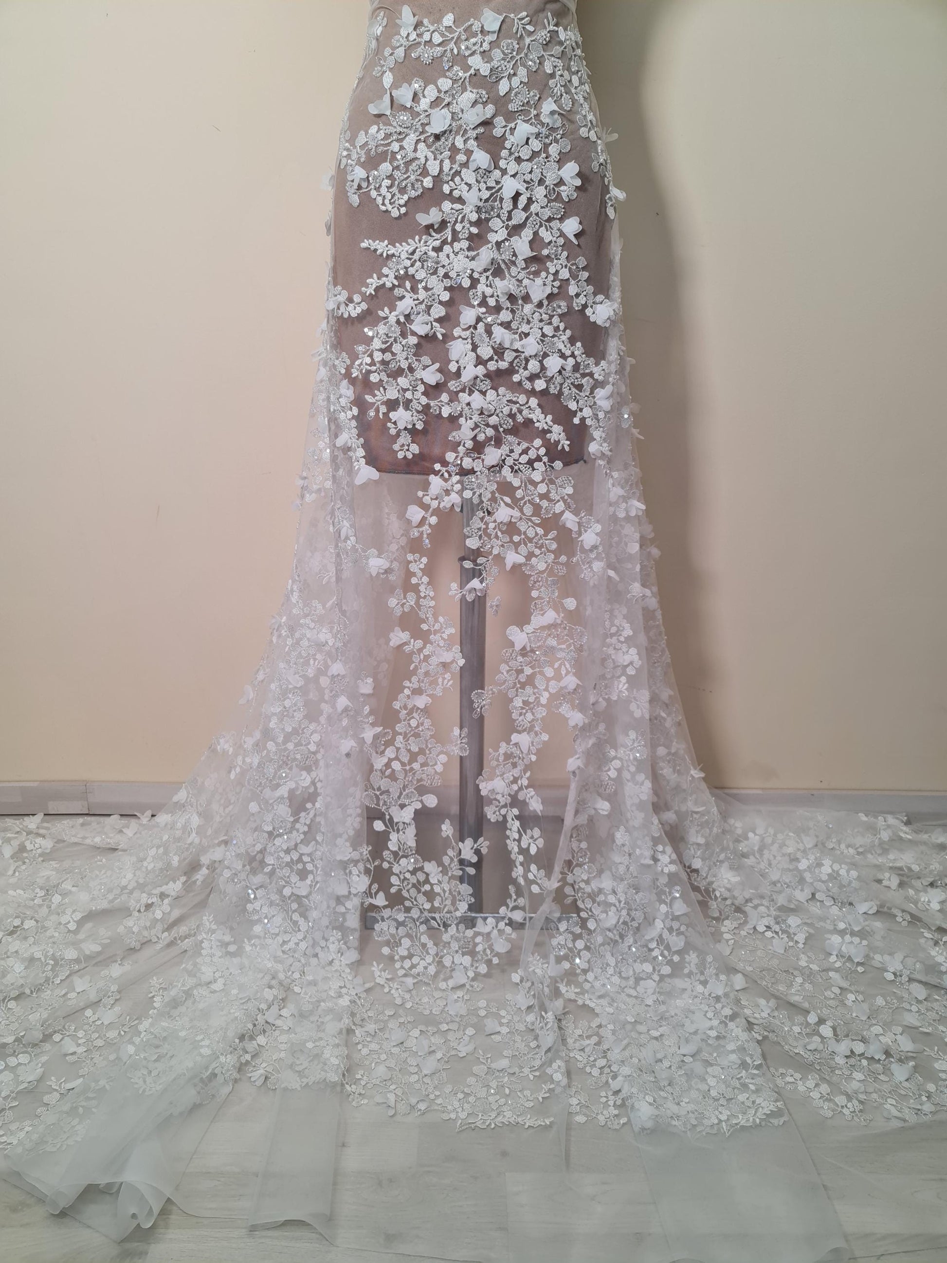 LL-1561-1, 3d flowered lace fabric with beads and transparent sequins per meter in off-white color with soft chiffon blossoms, soft handfeel