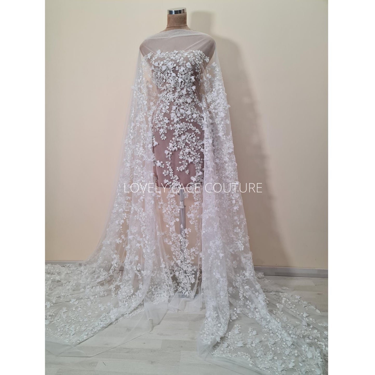 LL-1561-1, 3d flowered lace fabric with beads and transparent sequins per meter in off-white color with soft chiffon blossoms, soft handfeel