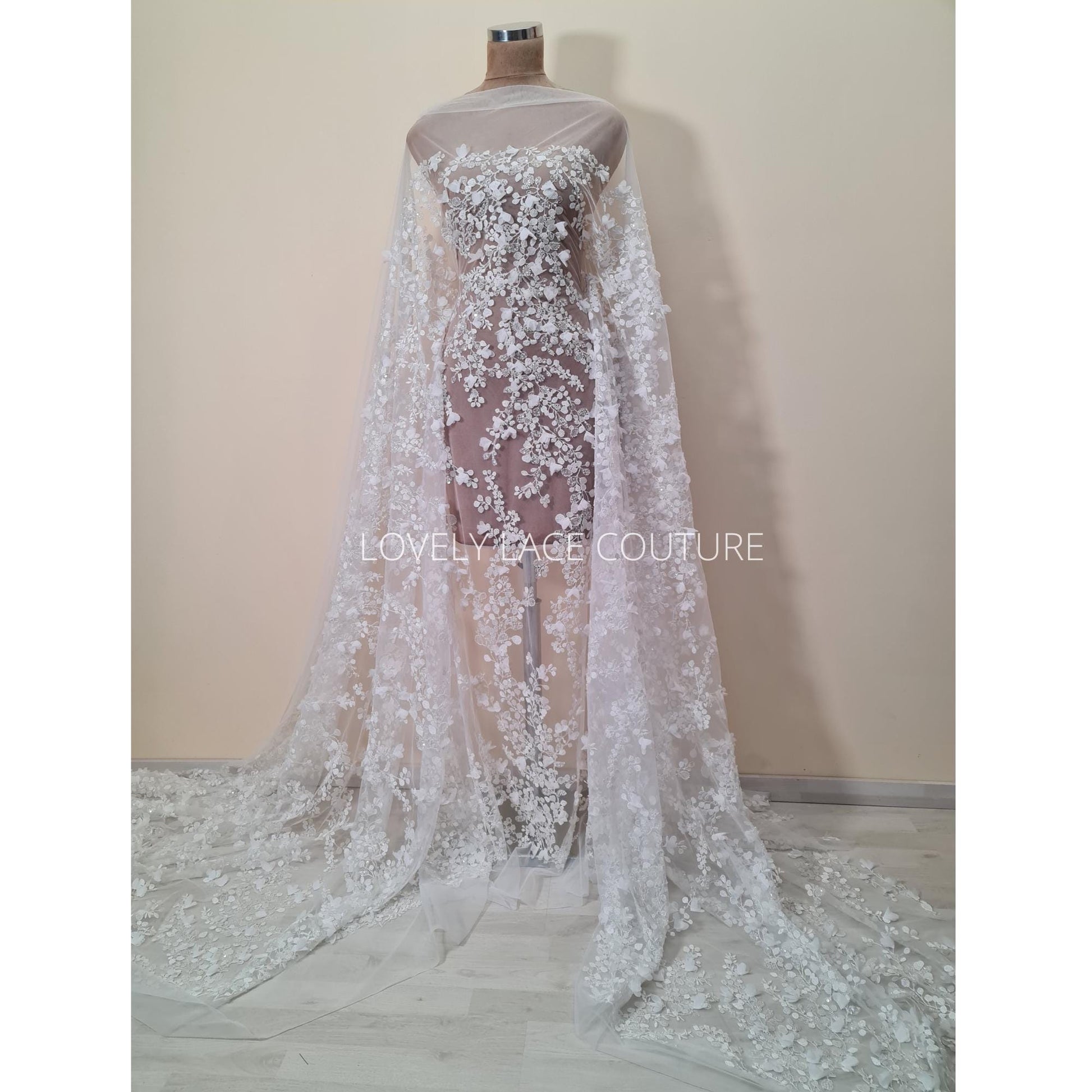 LL-1561-1, 3d flowered lace fabric with beads and transparent sequins per meter in off-white color with soft chiffon blossoms, soft handfeel