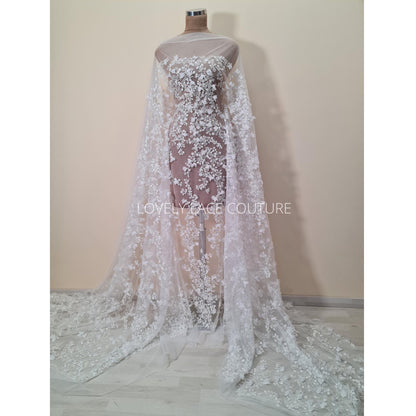 LL-1561-1, 3d flowered lace fabric with beads and transparent sequins per meter in off-white color with soft chiffon blossoms, soft handfeel