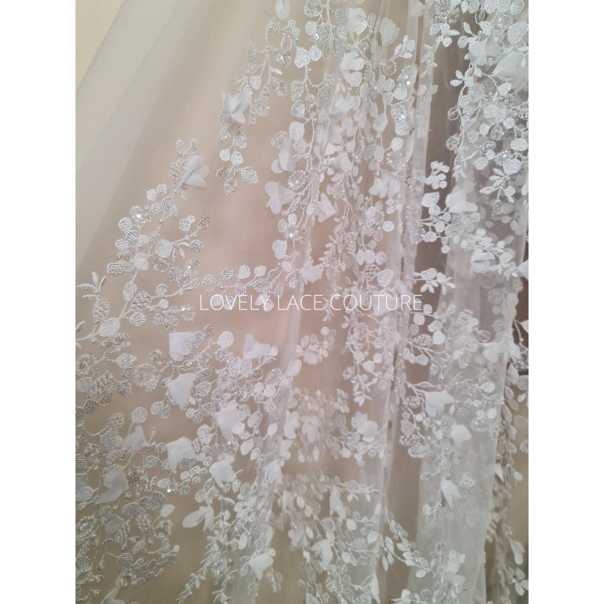 LL-1561-1, 3d flowered lace fabric with beads and transparent sequins per meter in off-white color with soft chiffon blossoms, soft handfeel