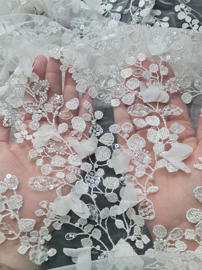 LL-1561-1, 3d flowered lace fabric with beads and transparent sequins per meter in off-white color with soft chiffon blossoms, soft handfeel