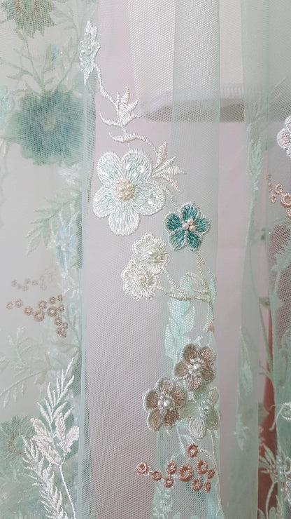 Gorgeous 3D Flower lace fabric in mint color, bridgerton dress lace, eloise's dress lace, start at 0,5m