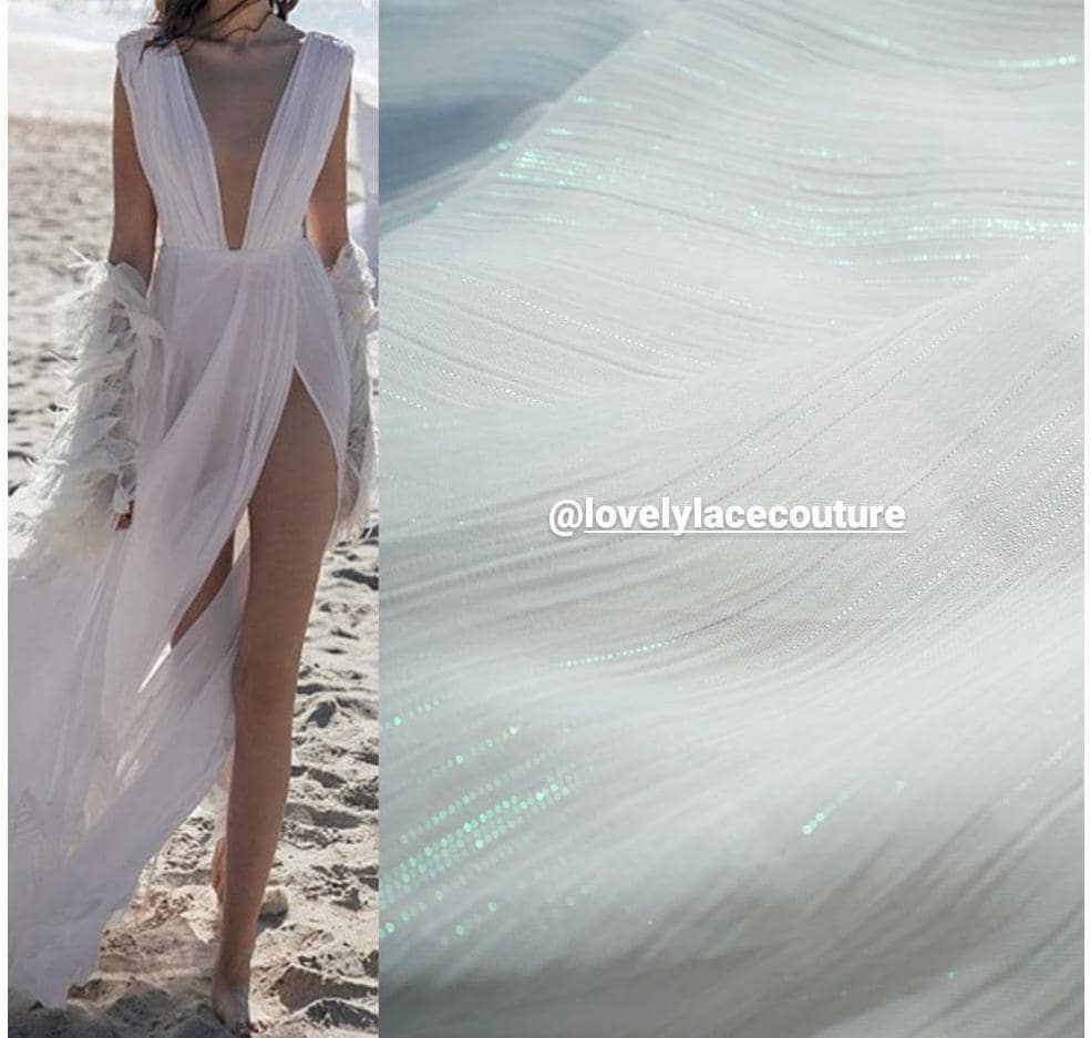 chiffon fabric in white LL-1172 or mint LL-1169, sparkling metal stripes, high and soft quality fabric for beach bridal dresses, bridal wear