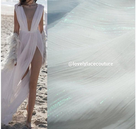 chiffon fabric in white LL-1172 or mint LL-1169, sparkling metal stripes, high and soft quality fabric for beach bridal dresses, bridal wear