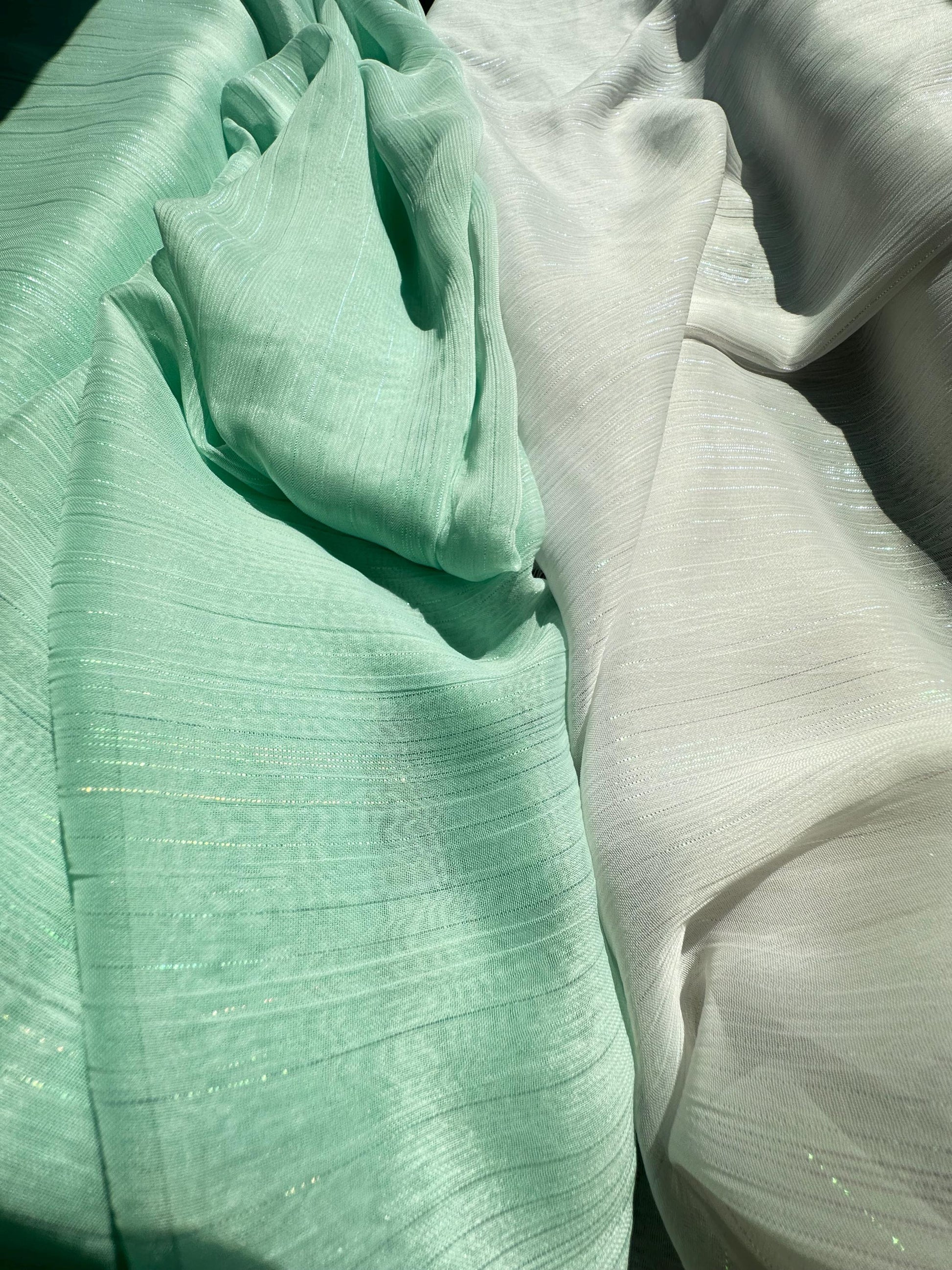 chiffon fabric in white LL-1172 or mint LL-1169, sparkling metal stripes, high and soft quality fabric for beach bridal dresses, bridal wear