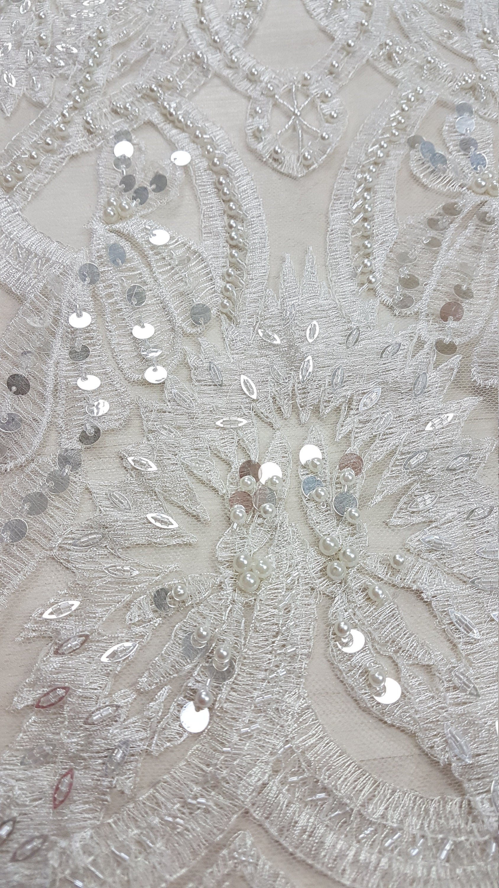 ornament lace fabric with beads and big sequins in off-white or gold color