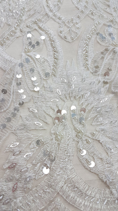 ornament lace fabric with beads and big sequins in off-white or gold color