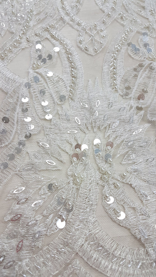 ornament lace fabric with beads and big sequins in off-white or gold color