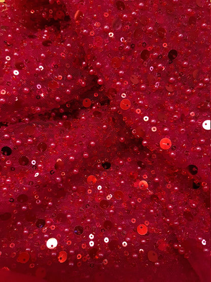red lace fabric with big sequins and beads