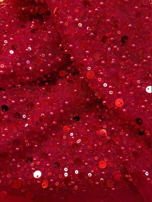 red lace fabric with big sequins and beads