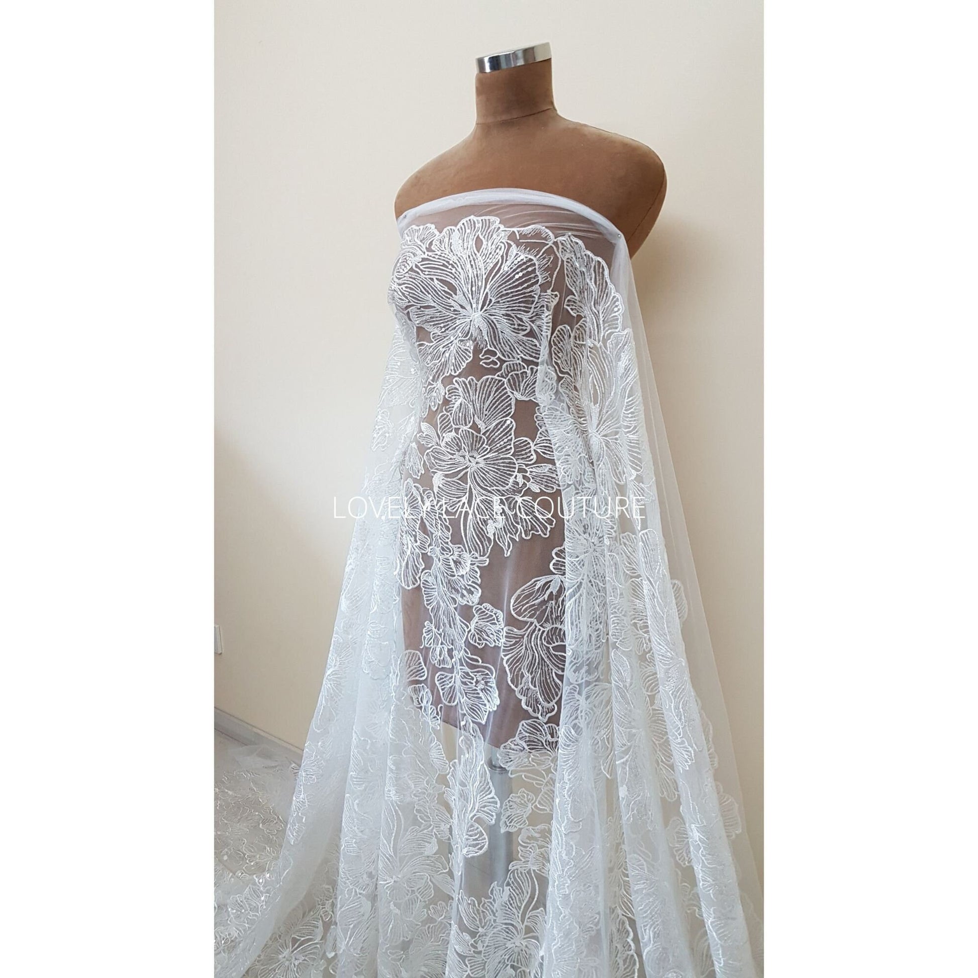 Big Flower bridal lace fabric with transparent sequins, soft wedding dress lace in off-white color, fabric per metre, allover lace, LL-1471