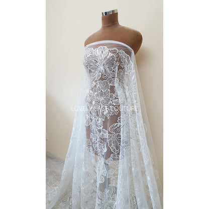Big Flower bridal lace fabric with transparent sequins, soft wedding dress lace in off-white color, fabric per metre, allover lace, LL-1471