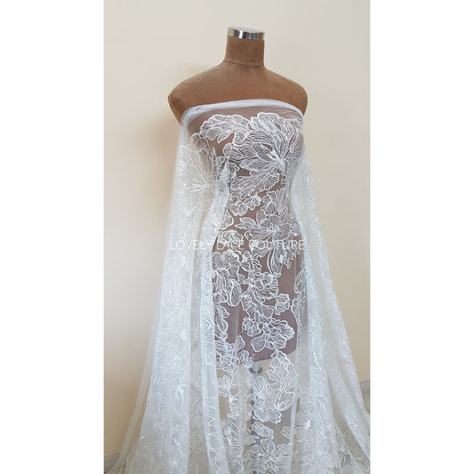bif flower lace fabric in off-white color for bridal wear