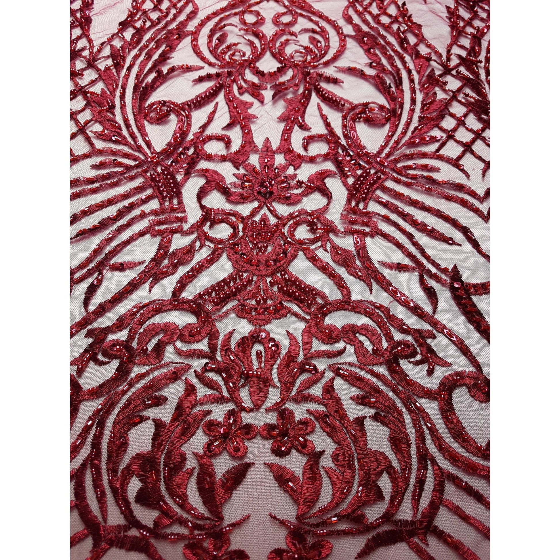 dark red lace fabric with beads and sequins, bordeaux color