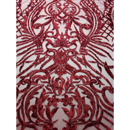 dark red lace fabric with beads and sequins, bordeaux color