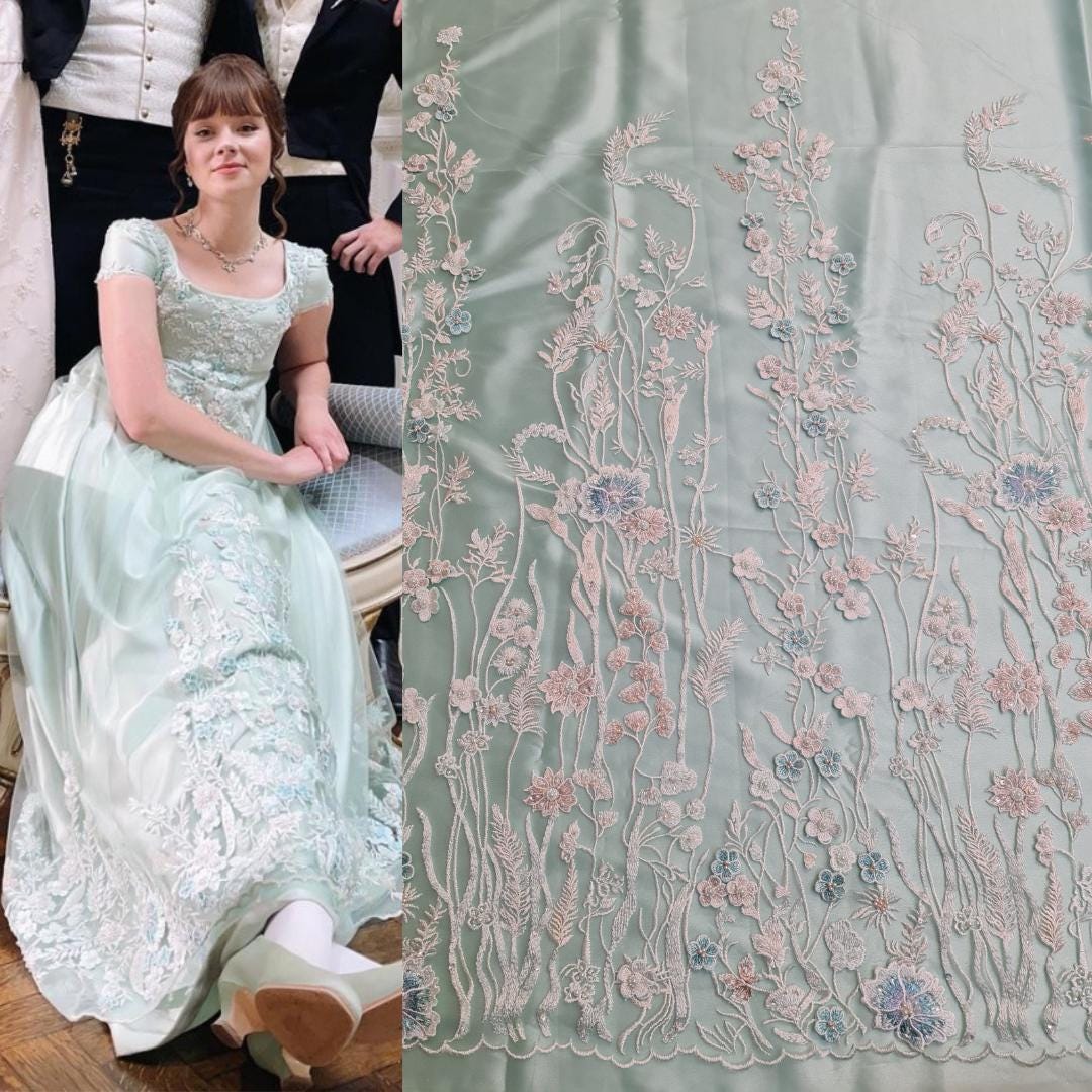 bridgerton lace fabric in mint color with 3D Flowerts and beautiful embroidery
