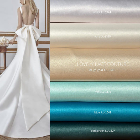 Italian Satin Fabric in beautiful white, ivory, beige-gold, mint, blue or dark green color, fabric for dresses or jumpsuits, High quality