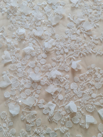 LL-1561-1, 3d flowered lace fabric with beads and transparent sequins per meter in off-white color with soft chiffon blossoms, soft handfeel
